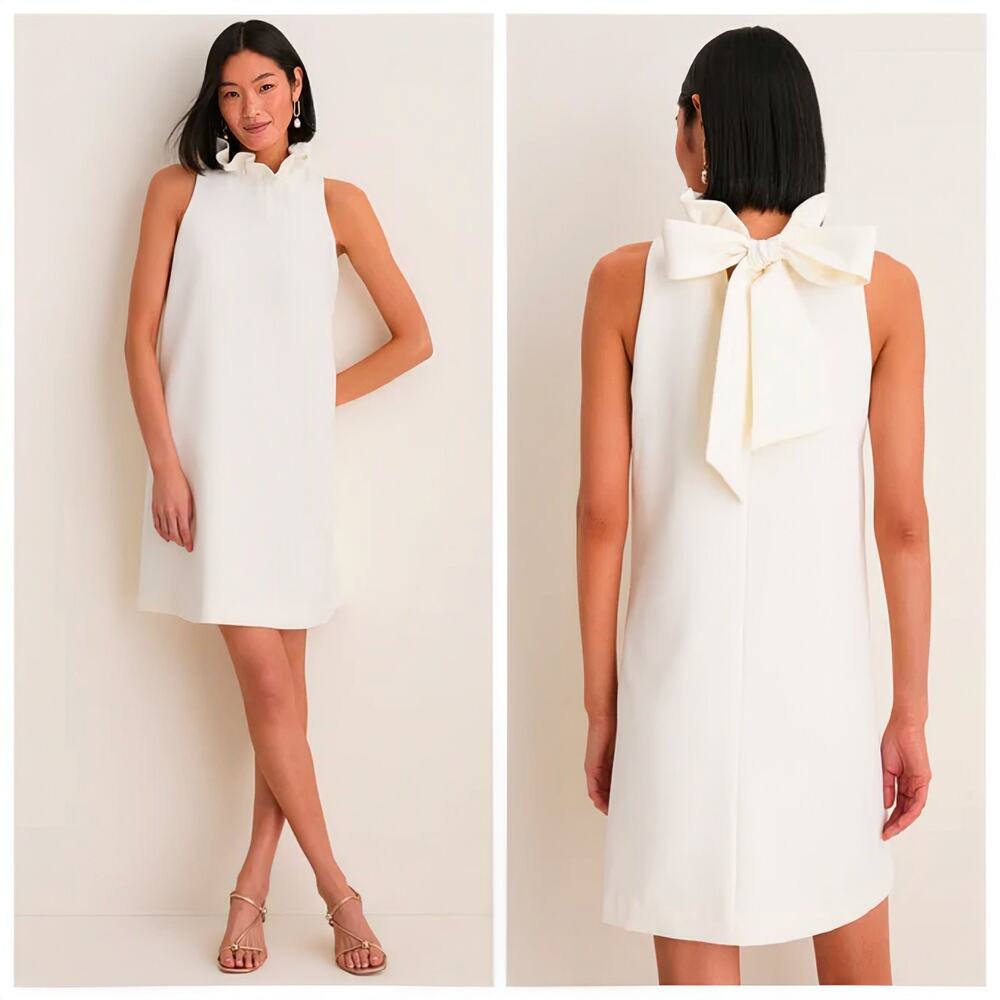 Tuckernuck Blythe Ivory Bow Back Shift Dress Ruffle Neck Sleeveless XS